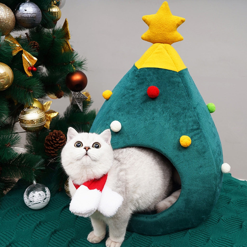 Pet Christmas Tree Cat Beds House, Indoor Doggy House Portable Green Pet Igloo Tent Cat Cave Nest for Kittens and Small Animals